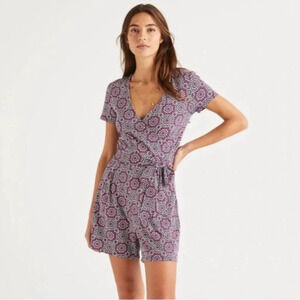 Boden Caroline Modal Jersey Sun Tile Faux Wrap Belted Romper Pink White 4